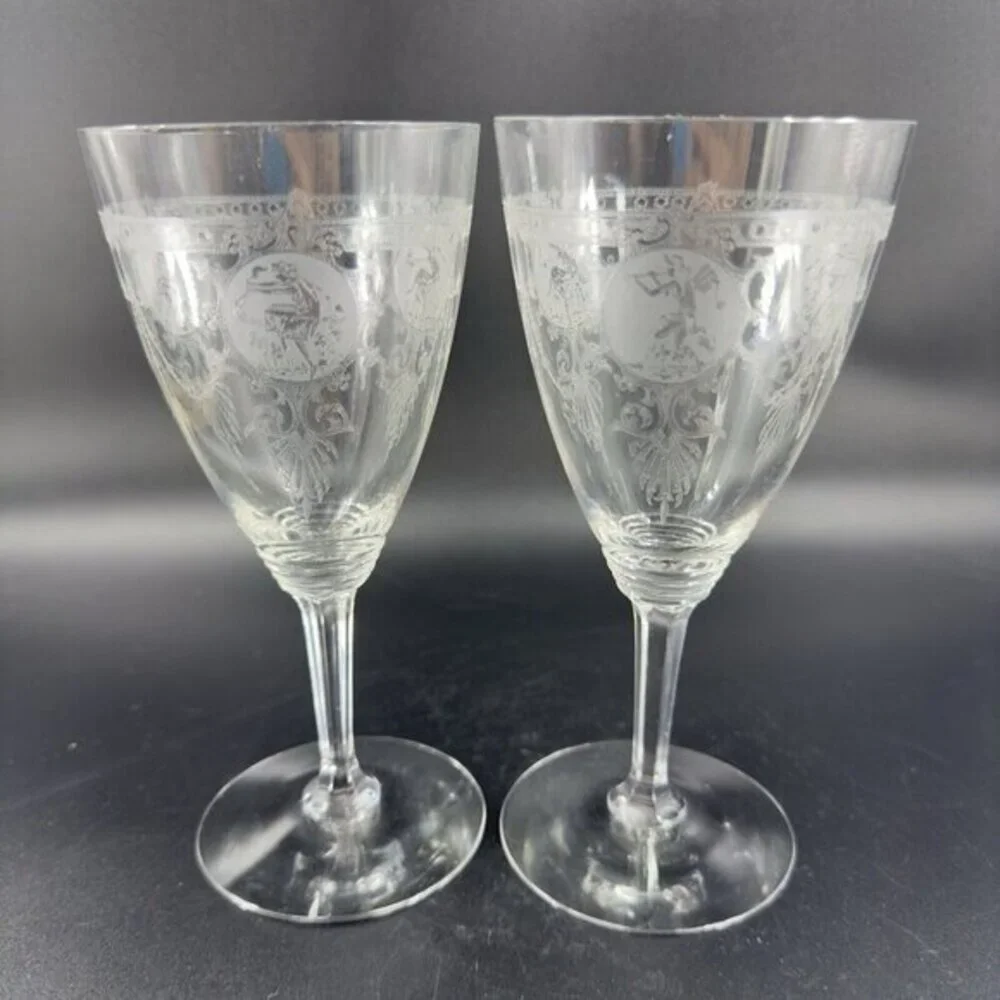 Heisey Pied Piper Etched Crystal Water Goblet Delicate Stemware Glasses Set‎ 2